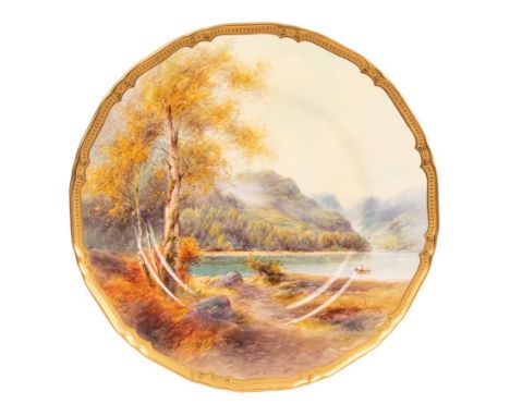 A Royal Worcester cabinet plate, dated 1940, by Harry Davis (1885-1970), painted all over with a view of Derwent Water, the L