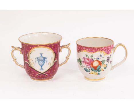 A Giles decorated coffee cup and a Chelsea-Derby chocolate cup, circa 1775-85, the Giles cup attributed to Neal & Co., with a