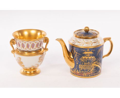 A Paris porcelain vase by Dagoty and a Paris teapot and cover, both circa 1790-1810, the vase decorated in gilding with a lan