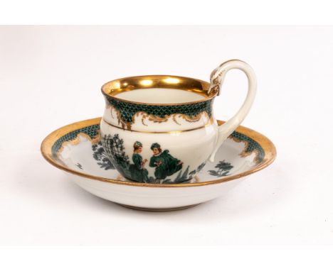 A Meissen cabinet cup and saucer, circa 1830-40, bell shape with snake handle, finely painted with 'Green Watteau' pattern, m