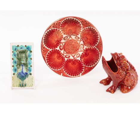 A William de Morgan lustre dish, a Minton tile and a Burmantoft spoon warmer, circa 1890-1905, the small dish with an 'Aesthe