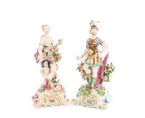 A near pair of Bow figures of Mars and Venus, circa 1765/70 raised on turquoise gilt and puce Rococo scroll bases, Mars with 