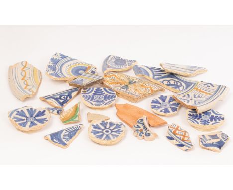 A large quantity of 17th Century Delftware shards from Pickleherring Quay in Southwark and various excavated fragments and pa
