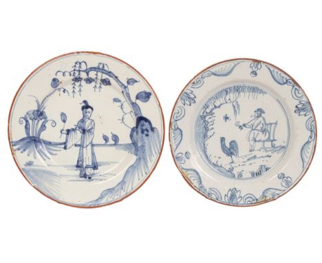 Two English Delftware small plates, circa 1745-60, one with a standing Long Eliza figure, 17.4cm, the other with a seated Chi