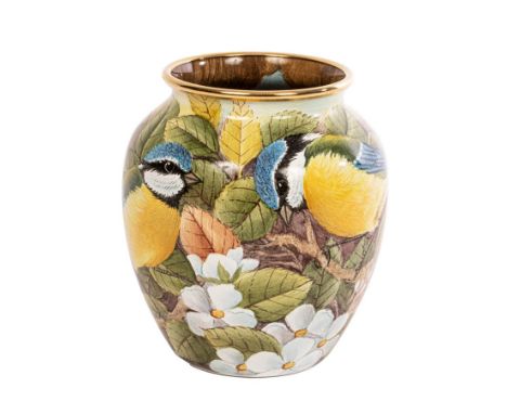 A Moorcroft enamel vase by Stephen Smith, finely painted with blue tits, the interior also painted with a nest and eggs, insc