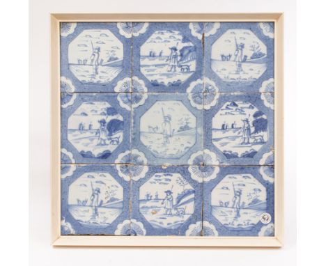 A frame of nine English Delftware tiles, circa 1740-60, with powder blue grounds and octagonal panels of figures in landscape