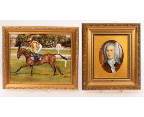A porcelain rectangular plaque by James Skerrett (born 1954), painted with the racehorse Mont Royale, winning at Worcester, 1