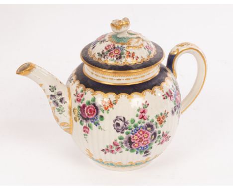 A Worcester ribbed globular teapot and cover, painted with bright flower bouquets between blue and turquoise borders with gil