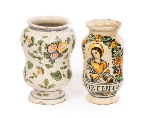 Two Italian Maiolica albarelli, 18th Century, the first Castelli or Naples, possibly from the workshop of Saverio Grue, paint