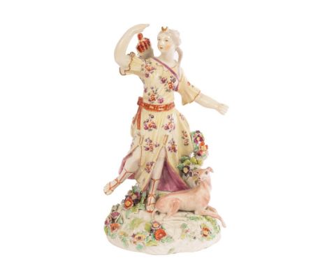 A Derby figure of Diana, reaching for an arrow, with hound, circa 1760, 28cm high/see illustration CONDITION REPORT: Circular