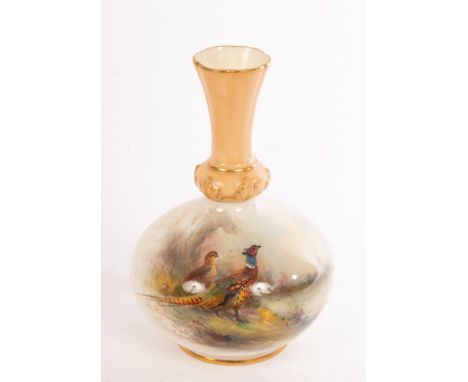 A Royal Worcester bottle vase painted by James Stinton, the globular body with two pheasants, shape G799, 13cm high CONDITION