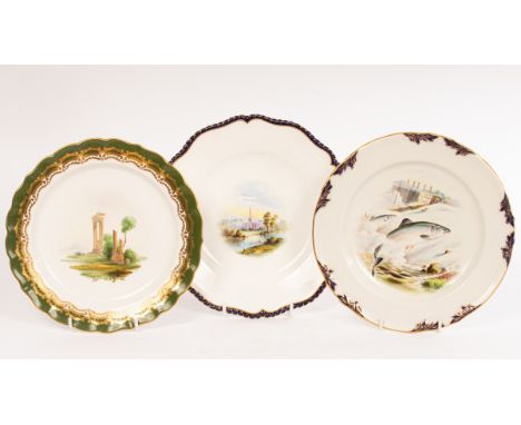 Three Royal Worcester plates by or attributed to Harry Davis (1885-1970), one painted with leaping salmon at Diglis Weir, dat