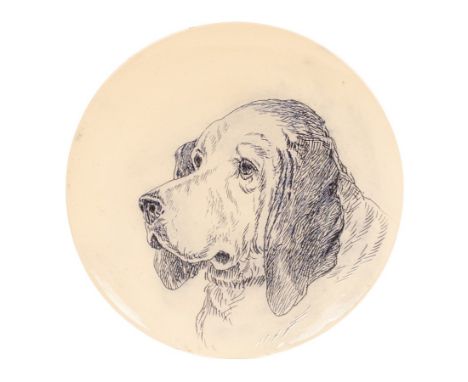 A Royal Worcester earthenware plaque by Albert Binns (1862-1882), sgraffito decoration of the head of a St Bernard, printed m