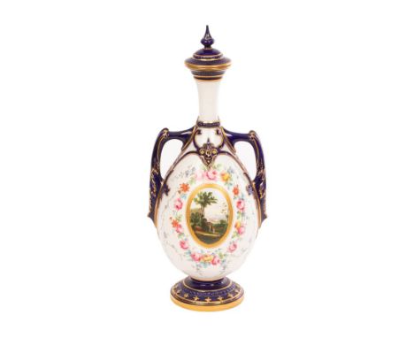 A Royal Worcester pear shaped vase and cover, dated 1903, painted by Harry Davis (1885-1970), with a small landscape panel, f