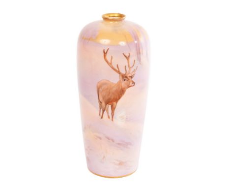 An important Royal Worcester vase by Harry Davis, (1885-1970) of plain, baluster shape with a small gilt neck, painted with a