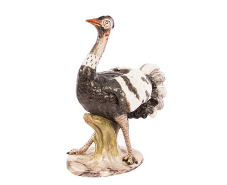 A Fürstenberg model of an ostrich, circa 1770-80, modelled by Simon Feilner, naturalistically modelled standing with its head