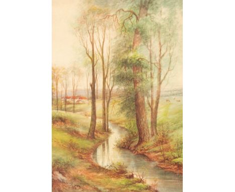 Raymond Rushton (1886-1956): A Woodland Stream/signed R Rushton/6cm x 18cm, Albert Gyngell (c.1840s-1894): Thatched Cottages,