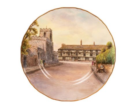 A Royal Worcester plate by Harry Davis, 1885-1970, circa 1950, with a view of Stratford on Avon, his own etching painted over