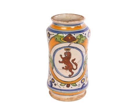 An Italian Maiolica Armorial Albarello, Florence or Montelupo, circa 1520, painted with the Giraldi family arms of a lion and