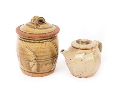 Richard Batterham (1936-2021), a stoneware teapot and cover and a jar and cover, the former of spiral faceted form with an oa