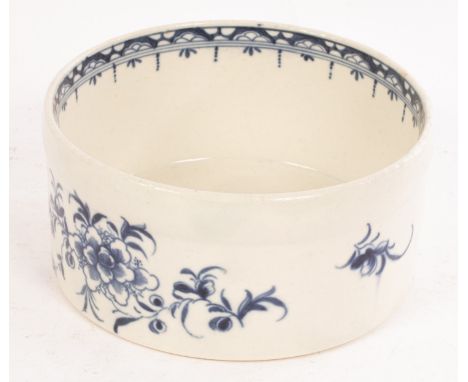 A Worcester blue and white circular potted meat dish, circa 1775, printed with peony and trailing flowers, 11.5cm wide CONDIT