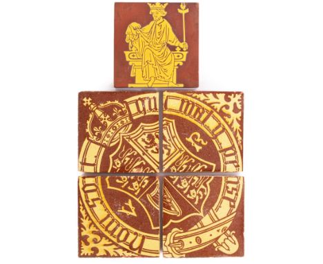A Minton tile and a set of four Chamberlain encaustic tiles, circa 1845, the Worcester tiles forming the royal arms of Queen 