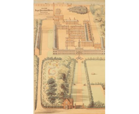 The New Royal Porcelain Works, Worcester, as Proposed July 1865, a coloured lithograph, 41cm x 26cm, framed/Note: This design