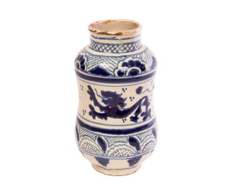 A Mexican Talavera, Puebla pottery large albarello, 18th-19th Century, of cocoon-shape, painted in dark blue with a heraldic 