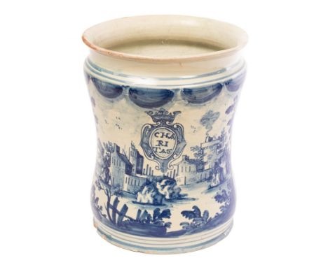 A massive Abruzzi Maiolica albarello, Abruzzi, dated 1725, painted in blue with a landscape and ruins, a reserved cartouche o
