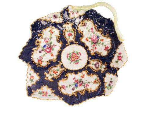 A Worcester blue scale ground leaf-shaped dish, circa 1770, with cartouche of flowers, 23cm long/see illustration CONDITION R