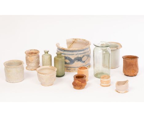 A collection of apothecary bottles and ointment pots, late 17th or 18th Century, all excavated by Henry Sandon from archaeolo