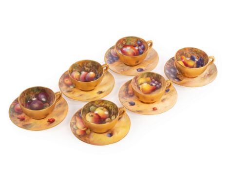 Six Royal Worcester coffee cups and saucers, each painted fruit with gilded exteriors, all signed, various artists/see illust