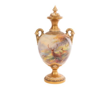 A Royal Worcester two-handled vase and cover, painted with a stag, doe and fawn in a river landscape, signed H. Stinton, shap