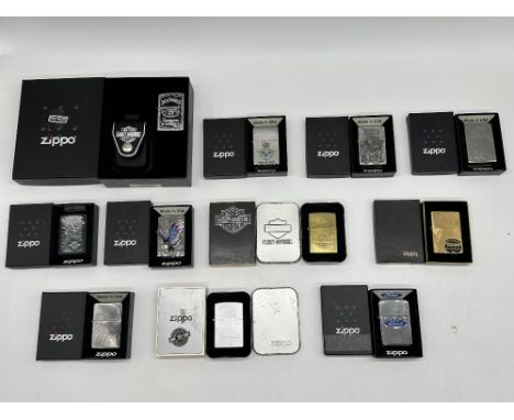 A Collection Of Zippo Lighters To Include Harley Davidson, Jack Daniels and Other.