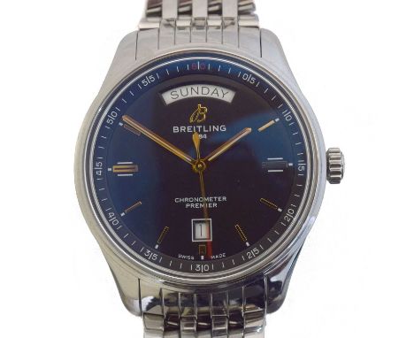 A Breitling Chronometer Premier automatic wristwatch, ref. A45340. The signed black dial with baton markers, outer chapter ri