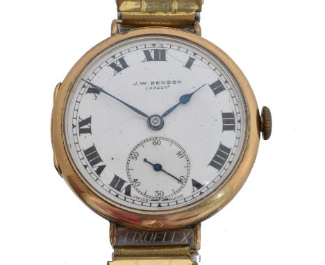 A 9ct gold J.W. Benson manual wind wristwatch. The signed dial with roman numeral markers, outer minutes track and subsidiary