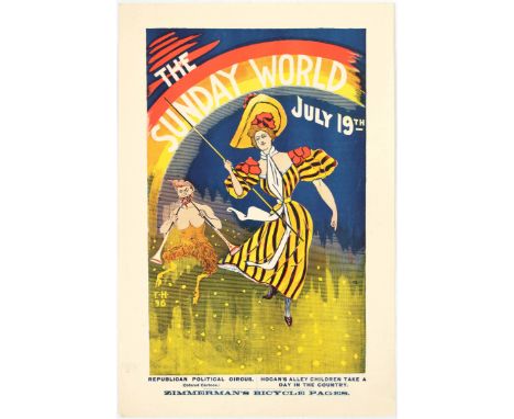 Advertisement poster for The Sunday World July 19th. Illustration features a woman wearing black and yellow striped dress and