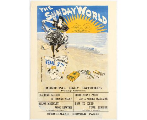 Advertisement poster The Sunday World June 7th. Illustration features a woman wearing black and white dress smoking and danci