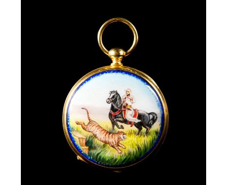 Rare Antique Chinese Market pocket watch, 18th Century Dia. 45mm. Enamel painting of hunting tiger. 清代 八大件珐琅彩老怀表, 18世纪