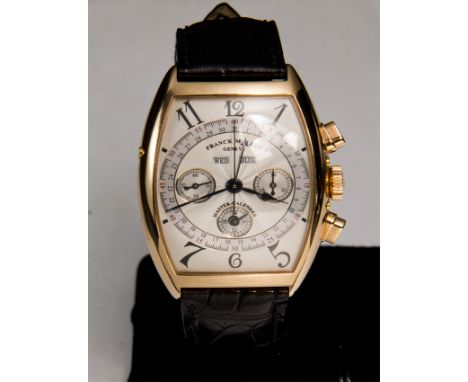 Fanck Muller. An 18k Pink Gold Tonneau-Shaped Triple Calendar Chronograph Wristwatch With 24 Hour Indication Signed Franck Mu