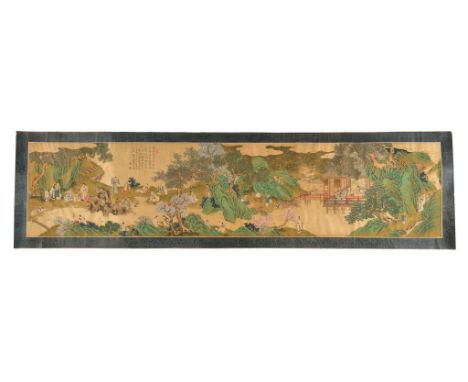  A Chinese scroll painting by Fang Yuejuan  , Qing Dynasty,   Gathering in the Orchid Pavilion  ,  ink and colour on silk, si