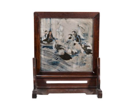  A Chinese painted marble screen,   painted on each side one side depicts a Taoist myth about the meeting between the Yellow 