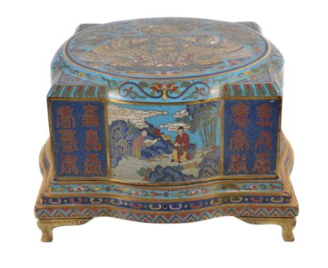 A Chinese Cloisonné box and cover, Qing Dynasty, 19th century, inlaid in colours with dragons, a seated sage holding a scroll