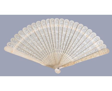 Ω A Chinese ivory brise fan, Canton, first quarter of the 19th century, each pierced stick intricately carved on one side wit