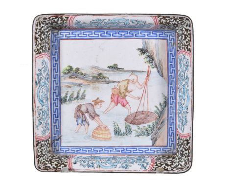  An 18th century Cantonese enamel dish,   in polychrome enamels with fishermen handling traps, 13cm x 13.2cm  Provenance:  Mr