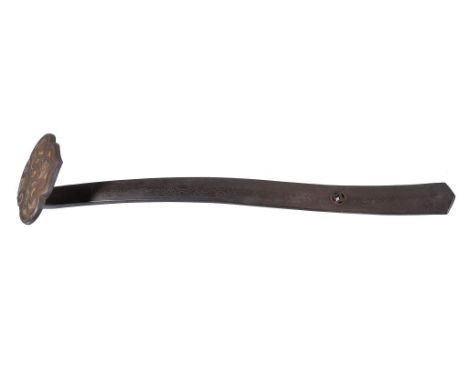  A Chinese inlaid iron Ruyi Sceptre,   Qing Dynasty, the ruyi head inlaid in gold and silver with archaic motifs, the shaft w