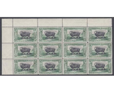 STAMPS FALKLANDS 1933 Centenary, 1/2d black & green value in an U/M corner marginal block of 12 stamps, SG 127. Cat £48+