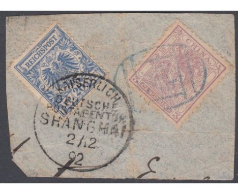 STAMPS CHINA . 1892 small piece with a double franking including 1888 3 Candarin Dragon and a 20pf German issue with am Imper