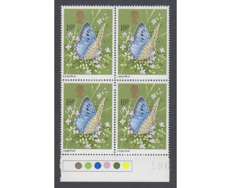 STAMPS GREAT BRITAIN 1981 18p Butterfly unmounted mint traffic light block of four, Gold Head shift to right