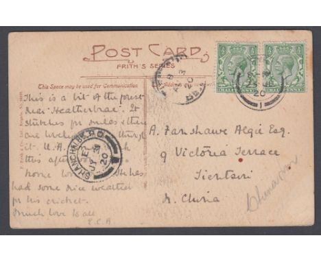STAMPS CHINA 1920 Postcard from Farnham UK to Tienstsin Northern China with Shanghai BR PO transit mark, scarce item